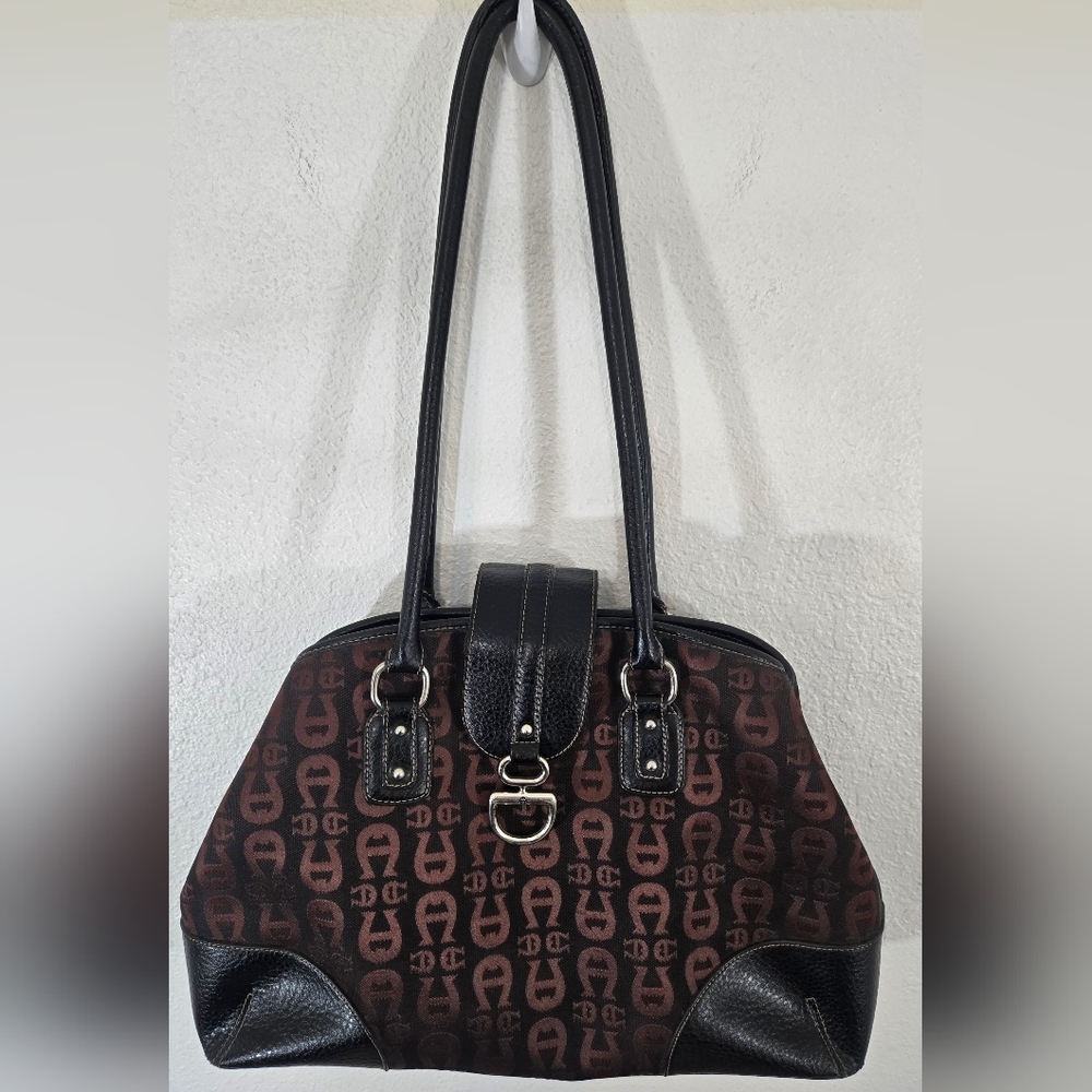 Etienne Aigner Signature Monogram Brown/Black Satchel Classic Work Church - Picture 2 of 8